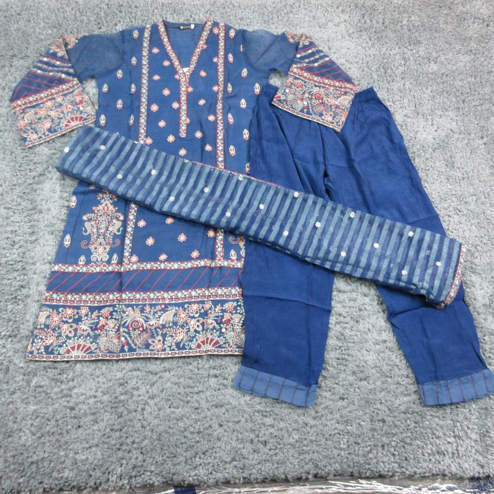 MOTIFZ 3 Piece Set Womens L Blue Embroidered Sequin V-Neck Kurta Pants Dupatta
